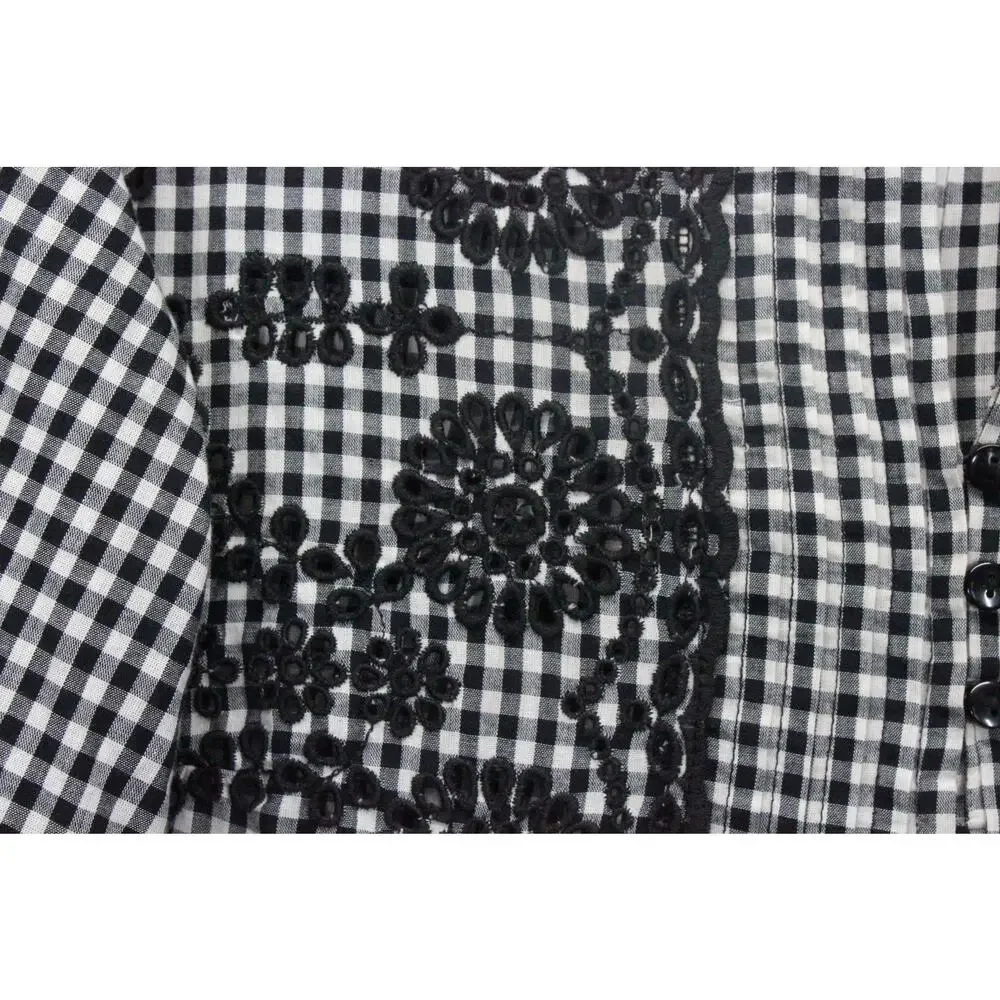 J. Crew Gingham Floral Embroidered Blouse Size M Black/White Puff Sleeve